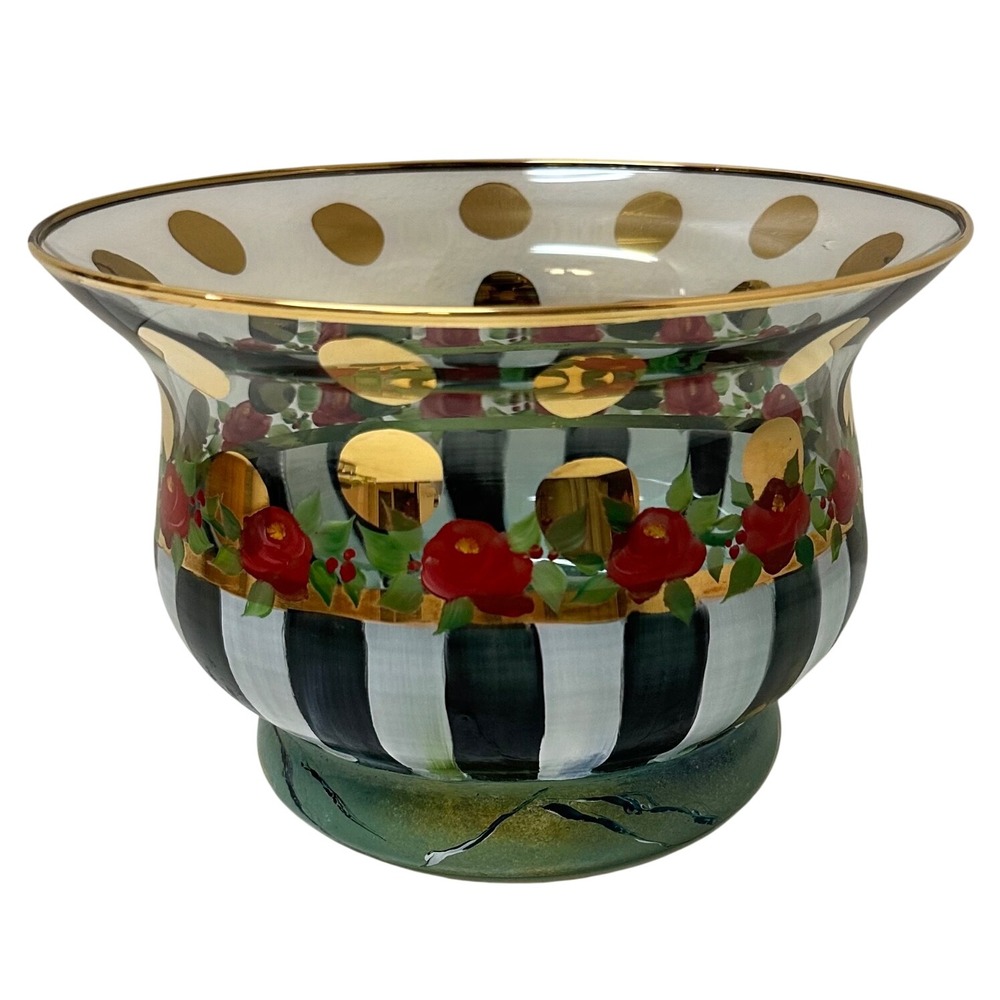 MacKenzie-Childs Heirloom Glass Bowl Courtly Stripe Floral Gold Polka Dot